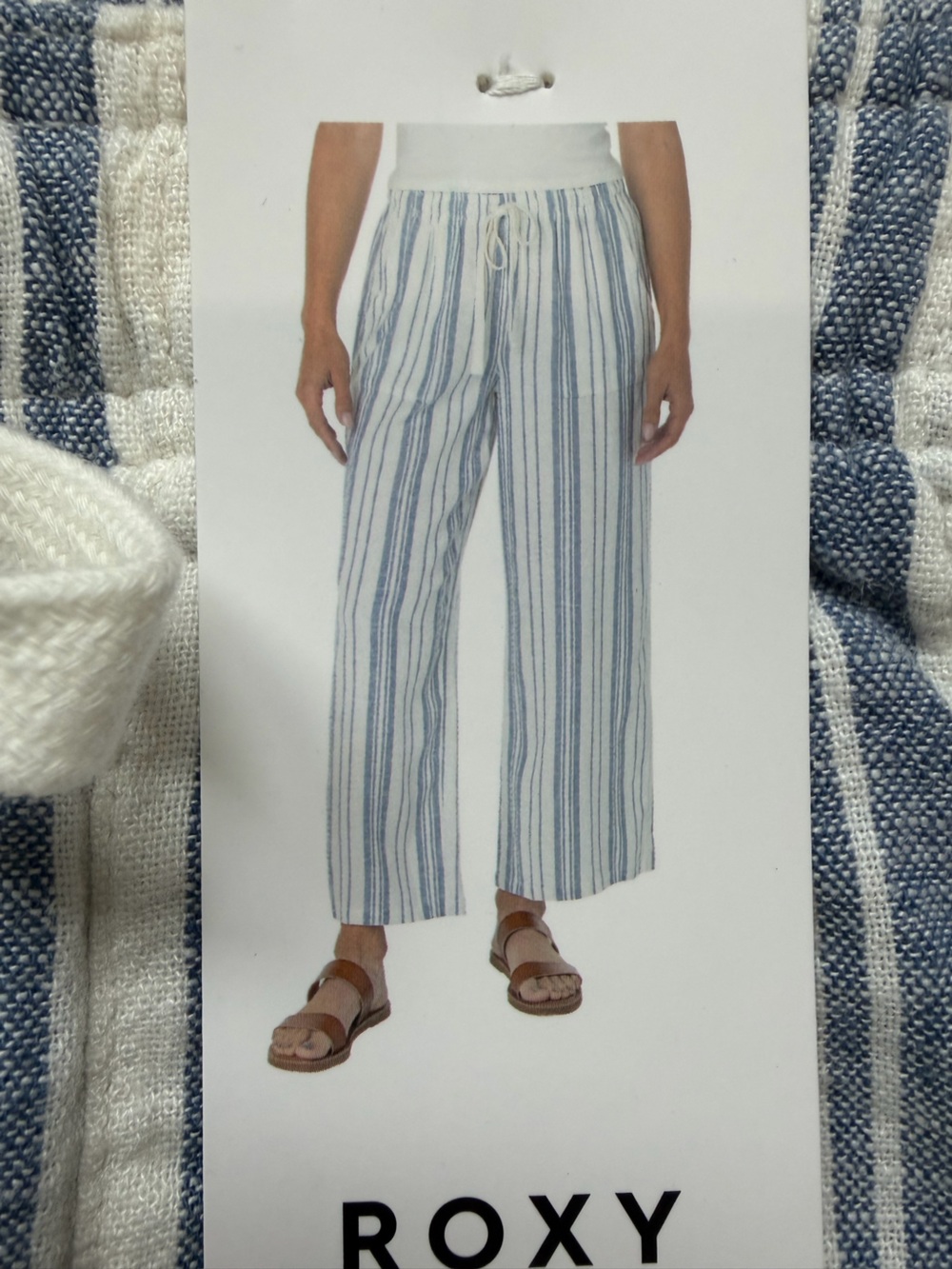 Roxy Blue and White Striped Wide-Leg Linen Pants NWT